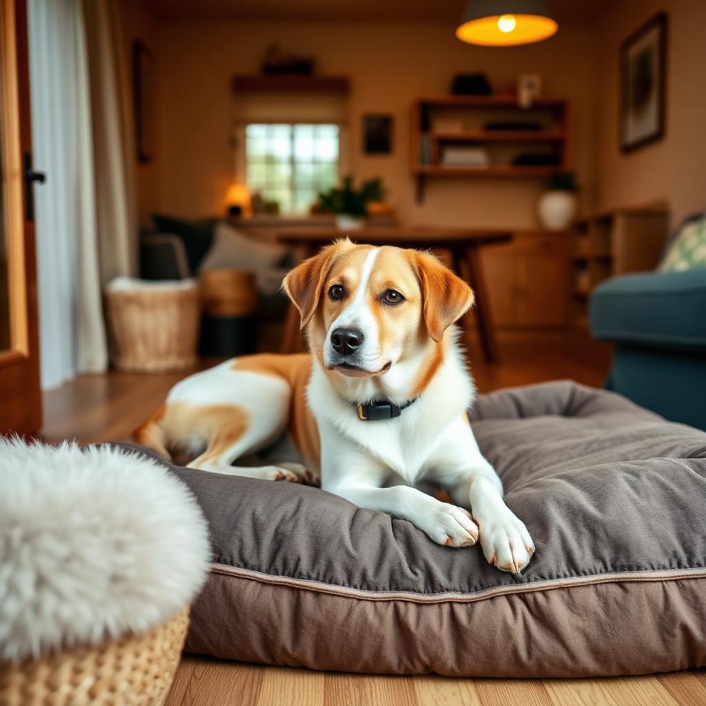 A relaxed dog resting on a soft bed in a cosy home
