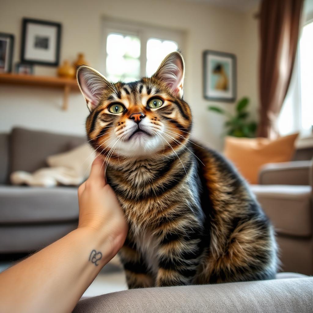A content tabby cat being gently stroked at home