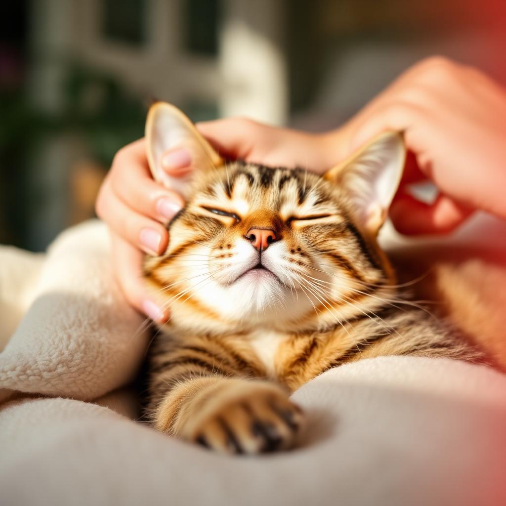 A relaxed tabby cat being gently brushed on a soft blanket