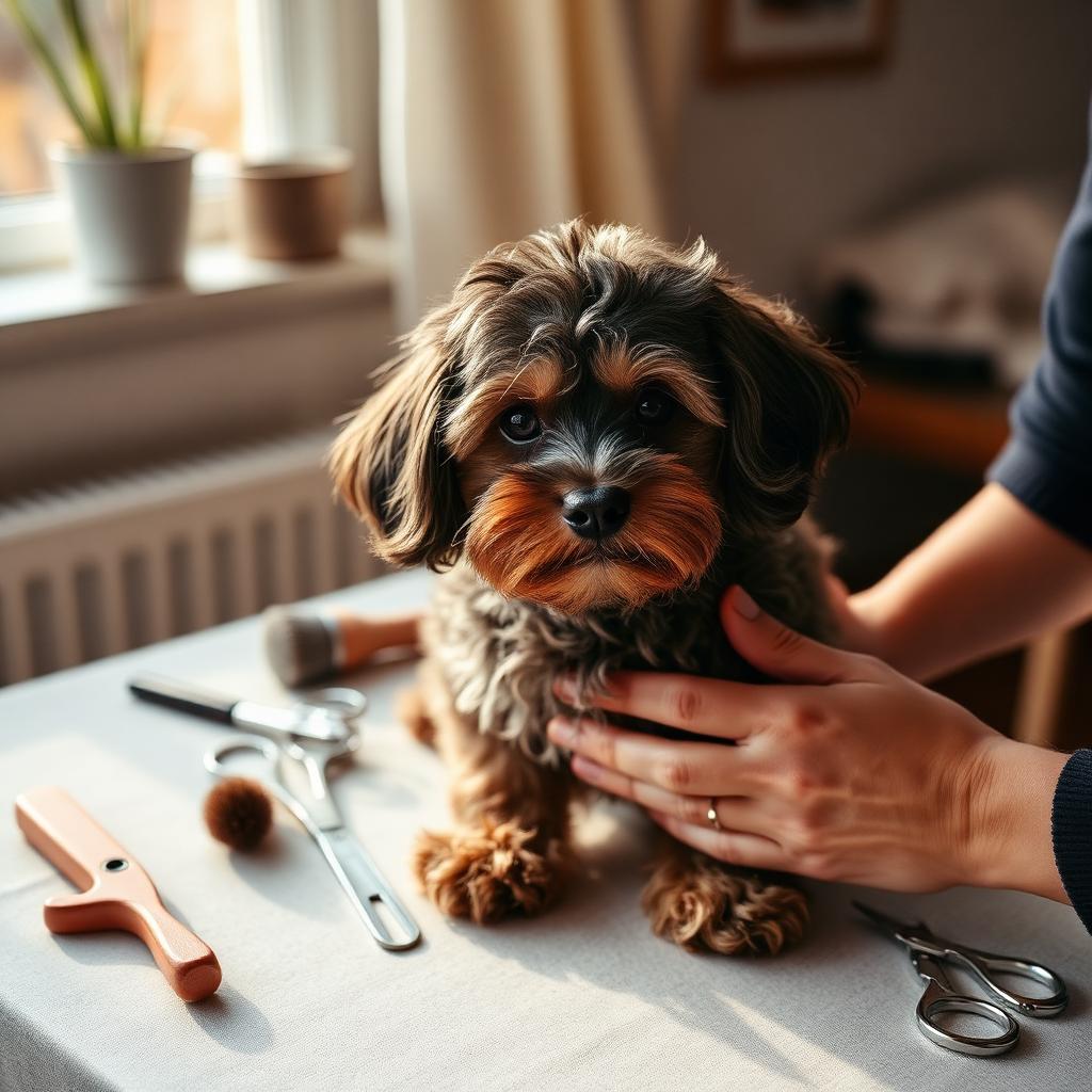 A small dog being gently groomed on a table at home