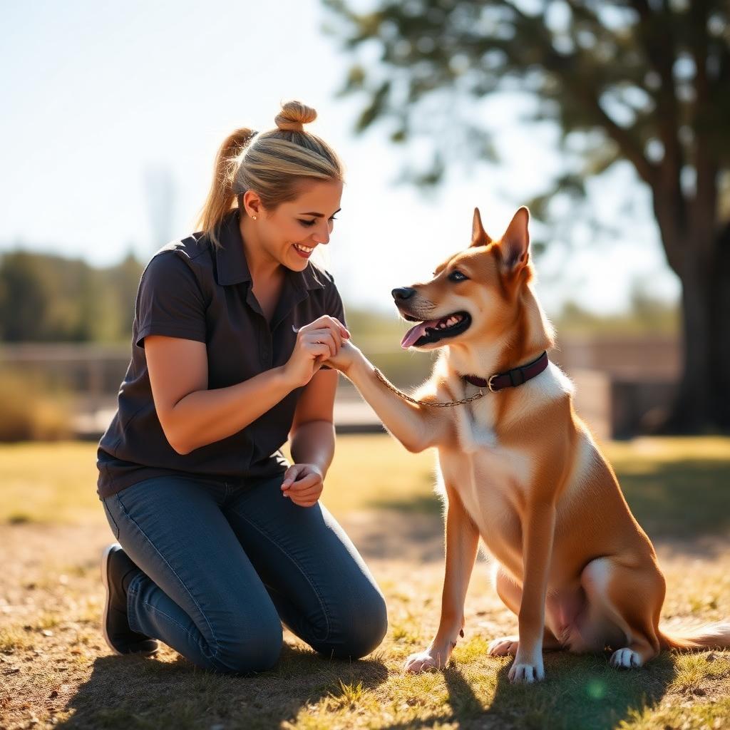 A trainer kneeling and shaking paws with a happy dog outdoors