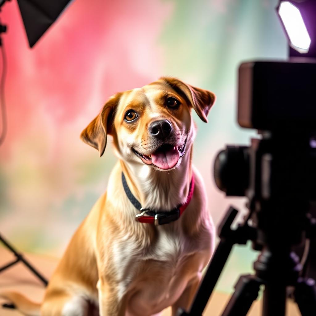 A happy dog posing for a camera in a colourful photography studio