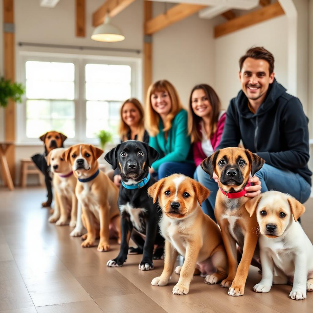 A row of puppies sitting beside their owners in a bright training room