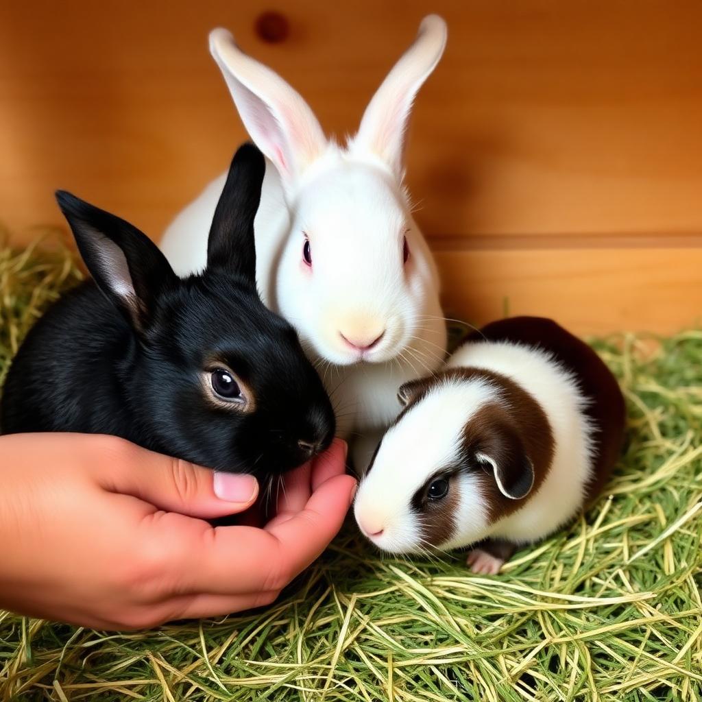 A rabbit and a guinea pig being cared for on fresh hay