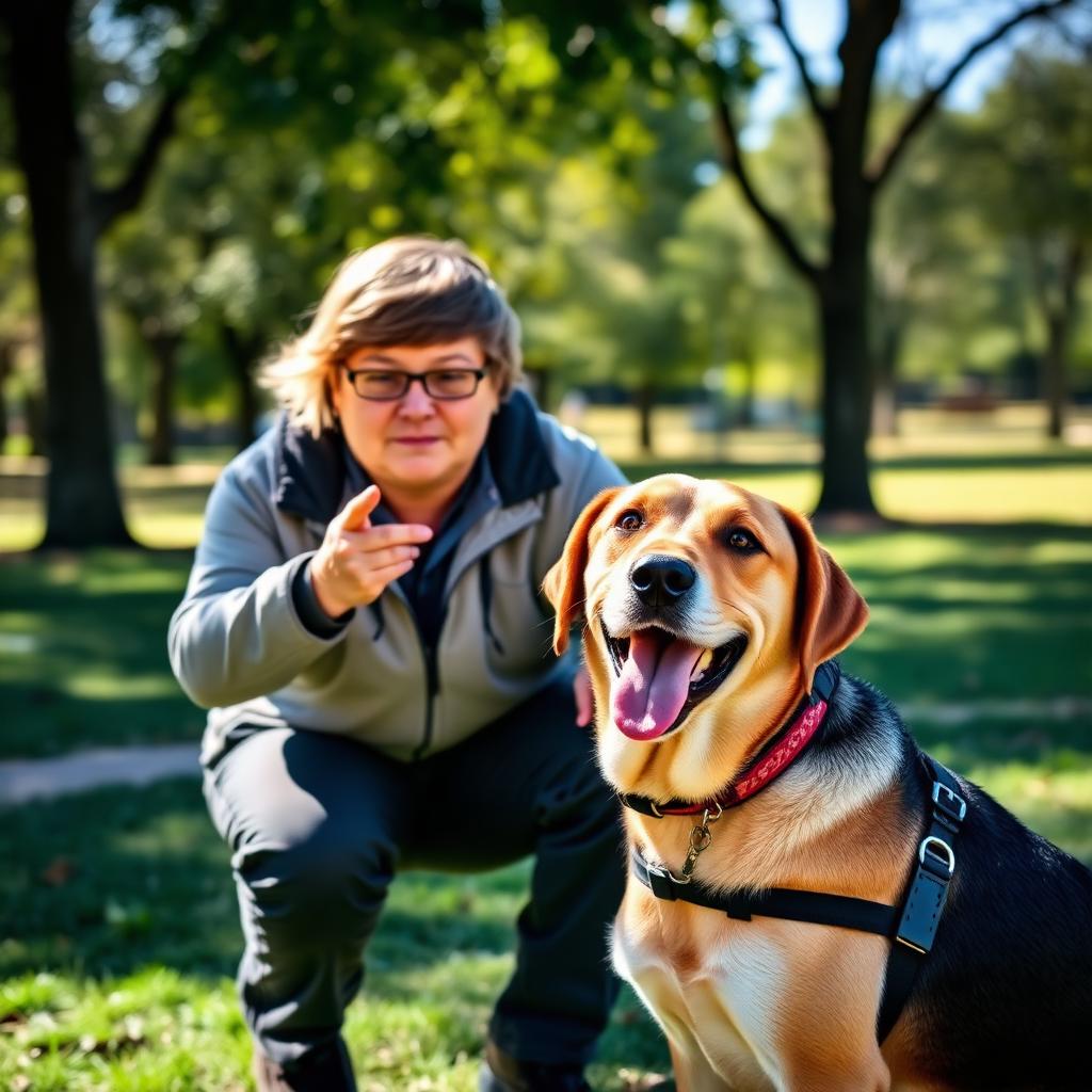 Trainer working with a happy labrador in a sunny park